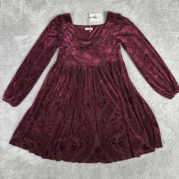 Easel Women's Witchy Romantic Velvet Burnout Empire Dress S Maroon Dark - Picture 1 of 16